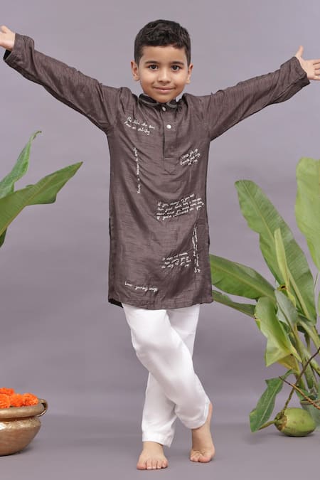 LA DEE DA Grey Bamberg Silk Embroidery Quotes Kurta With Pyjama 