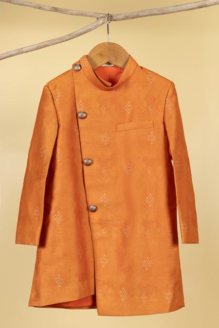 Shop Minikin Orange Tussar, Cotton Ikat Woven Sherwani Set at Aza Fashions Shop_Minikin_Orange Tussar, Cotton Ikat Woven Sherwani Set _at_Aza_Fashions