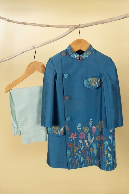 Minikin Blue Cotton Silk Embroidery Resham Border Sherwani Set 