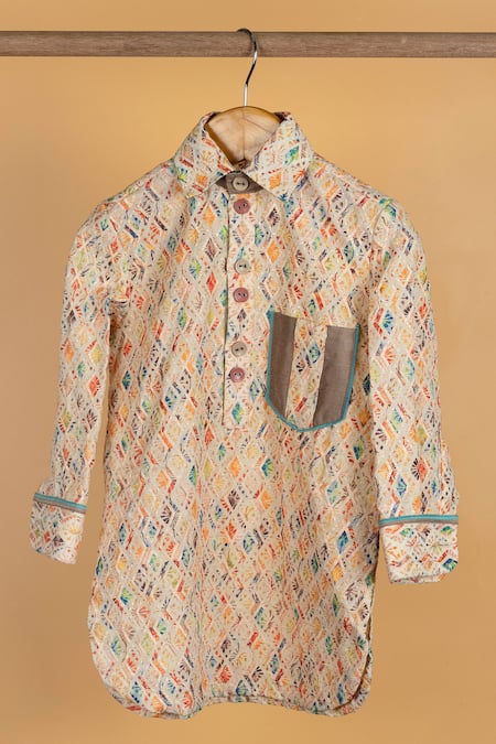 Shop Minikin Multi Color Cotton Silk Woven Geometric Pathani Kurta Set at Aza Fashions Shop_Minikin_Multi Color Cotton Silk Woven Geometric Pathani Kurta Set _at_Aza_Fashions