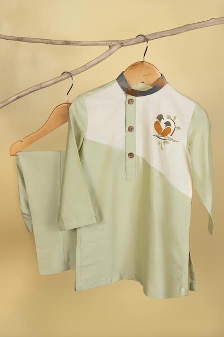 Minikin Cream Cotton Silk Embroidery Resham Bird Placement Kurta Set 