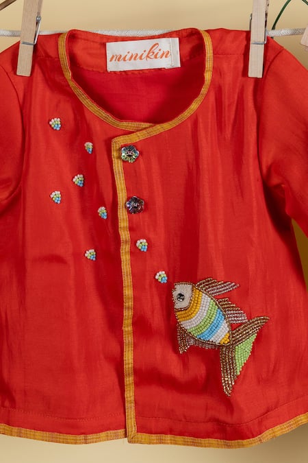 Shop Minikin Red Cotton Silk Embroidery Bead Fish Placement Angarkha Set at Aza Fashions Shop_Minikin_Red Cotton Silk Embroidery Bead Fish Placement Angarkha Set _at_Aza_Fashions