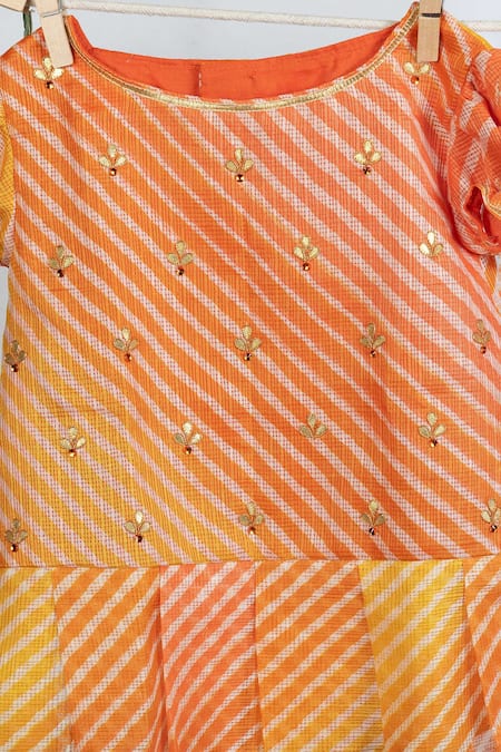 Shop Minikin Orange Kota Embroidery Leheriya Pattern Frock With Bloomer at Aza Fashions Shop_Minikin_Orange Kota Embroidery Leheriya Pattern Frock With Bloomer _at_Aza_Fashions