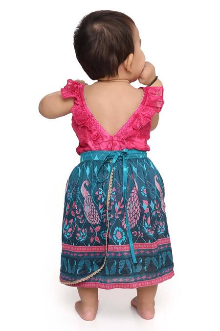 Shop Miko Lolo Blue Cotton Silk Chanderi Printed Peacock Onesie With Lehenga at Aza Fashions Shop_Miko Lolo_Blue Cotton Silk Chanderi Printed Peacock Onesie With Lehenga_at_Aza_Fashions