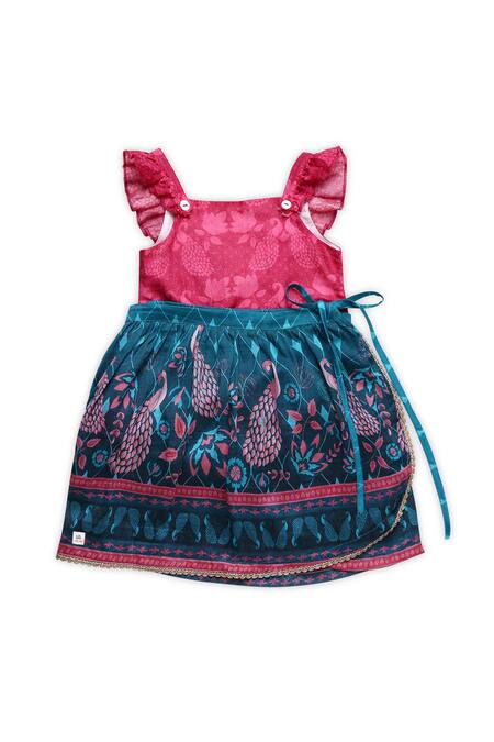 Shop Miko Lolo Blue Cotton Silk Chanderi Printed Peacock Onesie With Lehenga Online at Aza Fashions Shop_Miko Lolo_Blue Cotton Silk Chanderi Printed Peacock Onesie With Lehenga_Online_at_Aza_Fashions