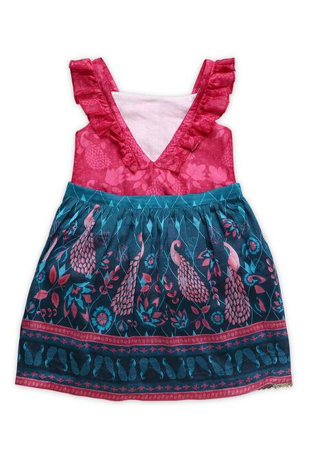 Miko Lolo Blue Cotton Silk Chanderi Printed Peacock Onesie With Lehenga at Aza Fashions Miko Lolo_Blue Cotton Silk Chanderi Printed Peacock Onesie With Lehenga_at_Aza_Fashions