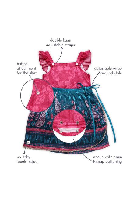 Shop Miko Lolo Blue Cotton Silk Chanderi Printed Peacock Onesie With Lehenga Shop_Miko Lolo_Blue Cotton Silk Chanderi Printed Peacock Onesie With Lehenga