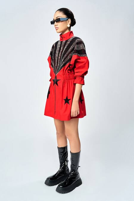 Shahin Mannan_Red Poplin Embroidery Collared Rays Hand Jacket Dress _Online_at_Aza_Fashions