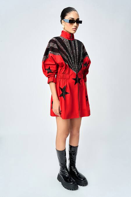Buy_Shahin Mannan_Red Poplin Embroidery Collared Rays Hand Jacket Dress _Online_at_Aza_Fashions