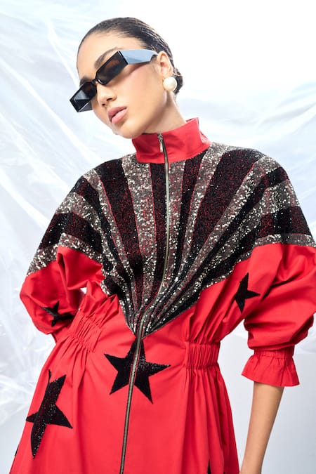 Shop_Shahin Mannan_Red Poplin Embroidery Collared Rays Hand Jacket Dress _Online_at_Aza_Fashions