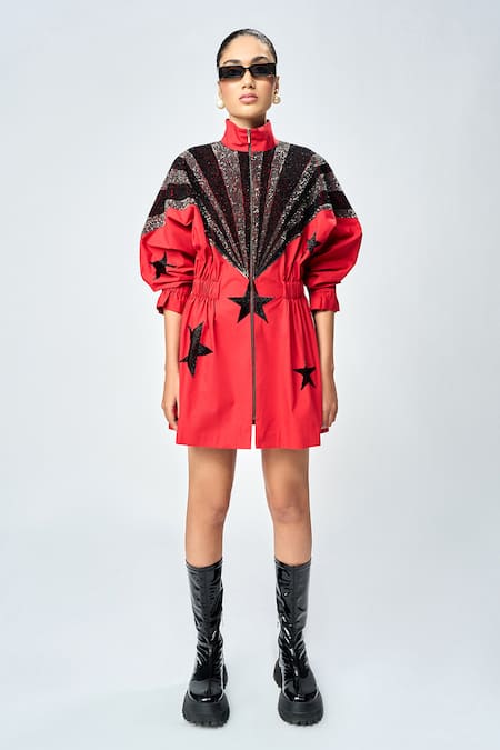 Shahin Mannan Red Poplin Hand Embroidered Rays High Jacket Dress 