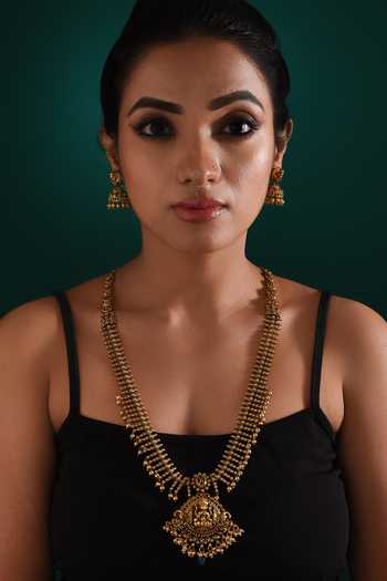 Zaza By Somya Gold Plated Beads Cultural Opulence Carved Goddess Long Necklace Set Online at Aza Fashions Zaza By Somya_Gold Plated Beads Cultural Opulence Carved Goddess Long Necklace Set _Online_at_Aza_Fashions
