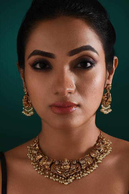 Zaza By Somya_Gold Plated Pearls, Stones Sacred Aura Peacock Carved Necklace Set _Online_at_Aza_Fashions