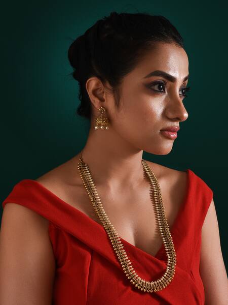 Zaza By Somya_Gold Plated Stones Celestial Beauty Temple Carved Necklace Set _at_Aza_Fashions