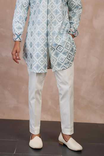 Arjan Dugal_Ivory Cotton Satin, Chanderi Silk Embroidery Mosaic Blossom Kurta With Pant _Online_at_Aza_Fashions