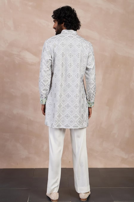 Shop Arjan Dugal Ivory Chanderi Silk Embroidery Mosaic Flora Kurta With Pant at Aza Fashions Shop_Arjan Dugal_Ivory Chanderi Silk Embroidery Mosaic Flora Kurta With Pant _at_Aza_Fashions