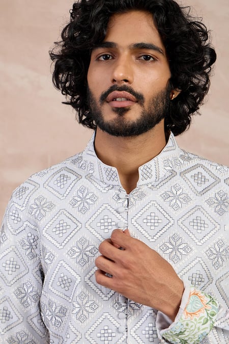 Arjan Dugal Ivory Chanderi Silk Embroidery Mosaic Flora Kurta With Pant Online at Aza Fashions Arjan Dugal_Ivory Chanderi Silk Embroidery Mosaic Flora Kurta With Pant _Online_at_Aza_Fashions