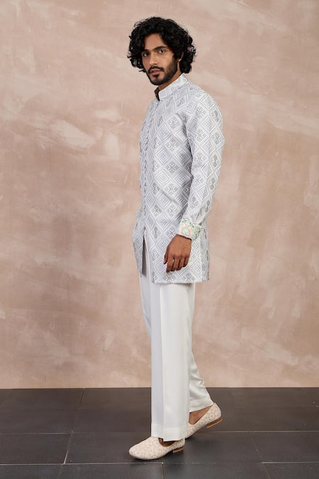 Buy Arjan Dugal Ivory Chanderi Silk Embroidery Mosaic Flora Kurta With Pant Online at Aza Fashions Buy_Arjan Dugal_Ivory Chanderi Silk Embroidery Mosaic Flora Kurta With Pant _Online_at_Aza_Fashions