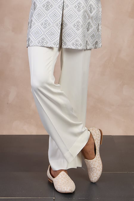 Shop Arjan Dugal Ivory Chanderi Silk Embroidery Mosaic Flora Kurta With Pant Online at Aza Fashions Shop_Arjan Dugal_Ivory Chanderi Silk Embroidery Mosaic Flora Kurta With Pant _Online_at_Aza_Fashions