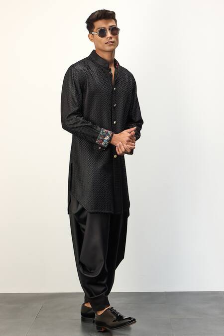 Arjan Dugal Black Chanderi Silk Ditsy Floret Jaal Embroidered Kurta With Dhoti Pant Online at Aza Fashions Arjan Dugal_Black Chanderi Silk Ditsy Floret Jaal Embroidered Kurta With Dhoti Pant _Online_at_Aza_Fashions