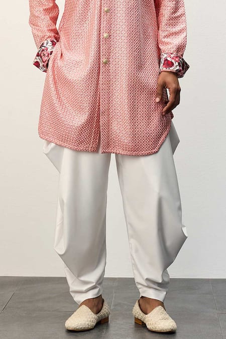 Arjan Dugal_Pink Chanderi Silk Embroidery Ditsy Bloom Jaal Kurta With Dhoti Pant _Online_at_Aza_Fashions