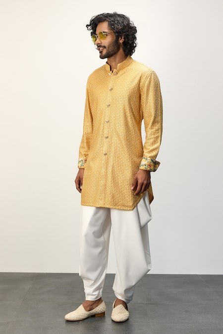 Buy_Arjan Dugal_Gold Chanderi Silk Embroidery Ditsy Blossom Jaal Kurta With Dhoti Pant _Online_at_Aza_Fashions