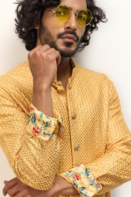 Arjan Dugal_Gold Chanderi Silk Embroidery Ditsy Blossom Jaal Kurta With Dhoti Pant _at_Aza_Fashions