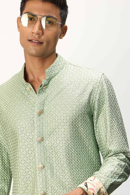 Arjan Dugal_Green Chanderi Silk, Cotton Embroidery Ditsy Phool Jaal Kurta With Dhoti Pant _Online_at_Aza_Fashions