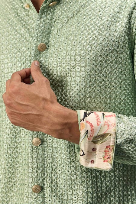 Buy_Arjan Dugal_Green Chanderi Silk, Cotton Embroidery Ditsy Phool Jaal Kurta With Dhoti Pant _Online_at_Aza_Fashions