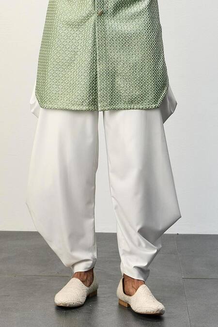 Shop_Arjan Dugal_Green Chanderi Silk, Cotton Embroidery Ditsy Phool Jaal Kurta With Dhoti Pant _Online_at_Aza_Fashions