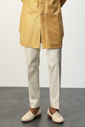 Arjan Dugal_Yellow Cotton Satin, Chanderi Silk Embroidery Inara Kurta With Pant _Online_at_Aza_Fashions