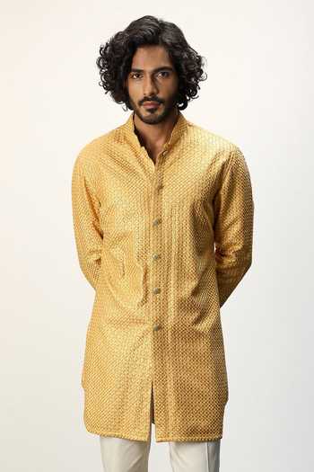 Buy_Arjan Dugal_Yellow Cotton Satin, Chanderi Silk Embroidery Inara Kurta With Pant _Online_at_Aza_Fashions
