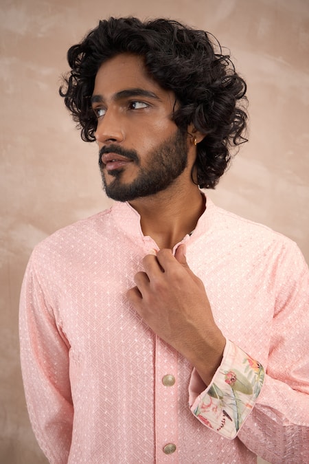 Arjan Dugal_Pink Cotton Satin, Chanderi Silk Embroidery Inara Floral Motif Kurta With Pant _Online_at_Aza_Fashions