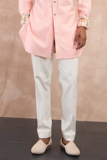 Buy_Arjan Dugal_Pink Cotton Satin, Chanderi Silk Embroidery Inara Floral Motif Kurta With Pant _Online_at_Aza_Fashions