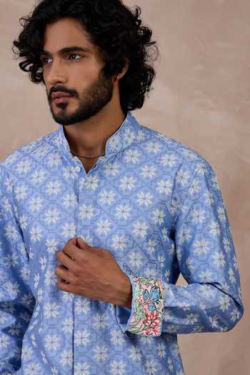 Arjan Dugal Blue Cotton Satin, Chanderi Silk Kairos Floral Jaal Pattern Kurta With Pant Online at Aza Fashions Arjan Dugal_Blue Cotton Satin, Chanderi Silk Kairos Floral Jaal Pattern Kurta With Pant _Online_at_Aza_Fashions