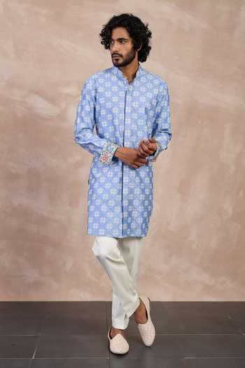 Shop Arjan Dugal Blue Cotton Satin, Chanderi Silk Kairos Floral Jaal Pattern Kurta With Pant Online at Aza Fashions Shop_Arjan Dugal_Blue Cotton Satin, Chanderi Silk Kairos Floral Jaal Pattern Kurta With Pant _Online_at_Aza_Fashions
