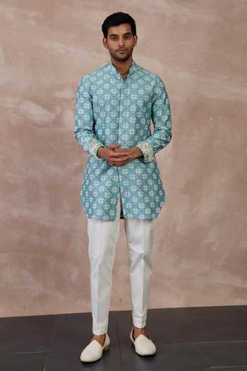 Arjan Dugal_Blue Satin, Chanderi Silk, Kairos Front Open Kurta With Pant _Online_at_Aza_Fashions