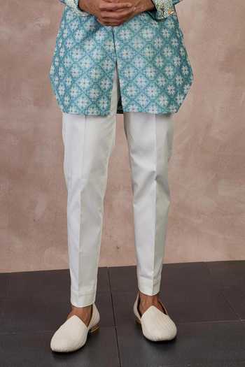 Buy_Arjan Dugal_Blue Satin, Chanderi Silk, Kairos Front Open Kurta With Pant _Online_at_Aza_Fashions