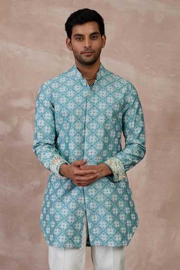 Shop_Arjan Dugal_Blue Satin, Chanderi Silk, Kairos Front Open Kurta With Pant _Online_at_Aza_Fashions