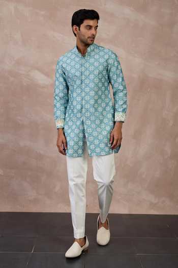 Arjan Dugal_Blue Satin, Chanderi Silk, Kairos Front Open Kurta With Pant _at_Aza_Fashions