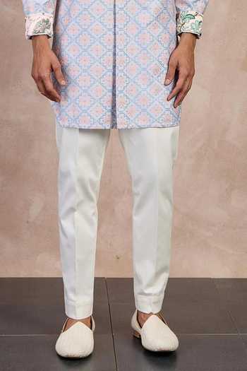 Arjan Dugal_Blue Cotton Satin, Chanderi Silk Embroidery Kairos Front Open Kurta And Pant Set _Online_at_Aza_Fashions