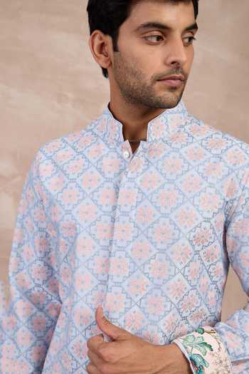 Buy_Arjan Dugal_Blue Cotton Satin, Chanderi Silk Embroidery Kairos Front Open Kurta And Pant Set _Online_at_Aza_Fashions