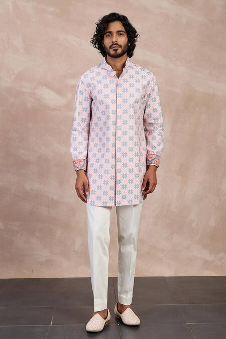 Arjan Dugal_Pink Cotton Satin, Chanderi Silk Embroidery Kairos Front Open Kurta With Pant _Online_at_Aza_Fashions