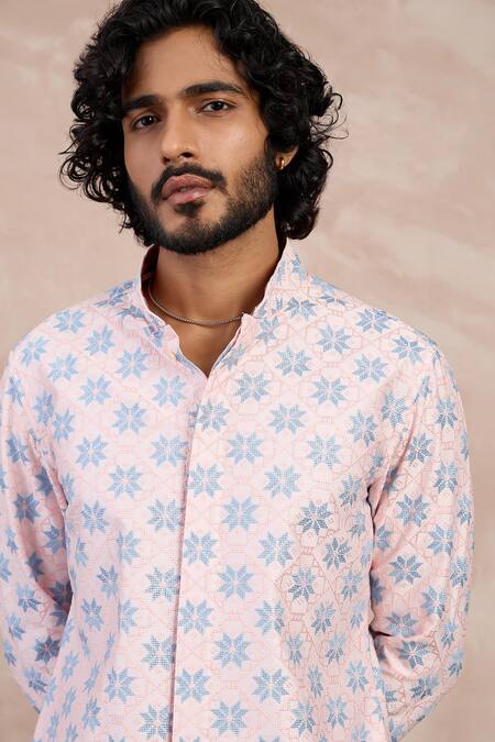 Shop_Arjan Dugal_Pink Cotton Satin, Chanderi Silk Embroidery Kairos Front Open Kurta With Pant _Online_at_Aza_Fashions