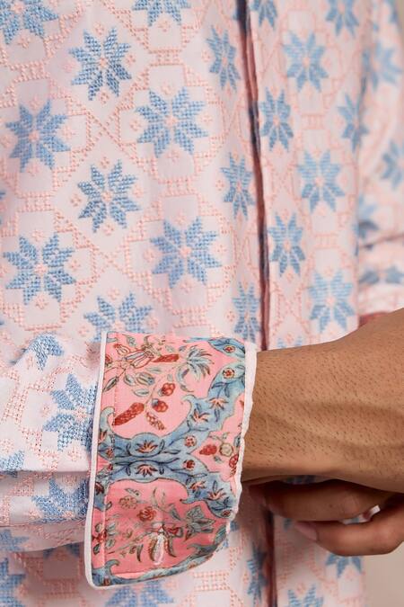 Arjan Dugal_Pink Cotton Satin, Chanderi Silk Embroidery Kairos Front Open Kurta With Pant _at_Aza_Fashions