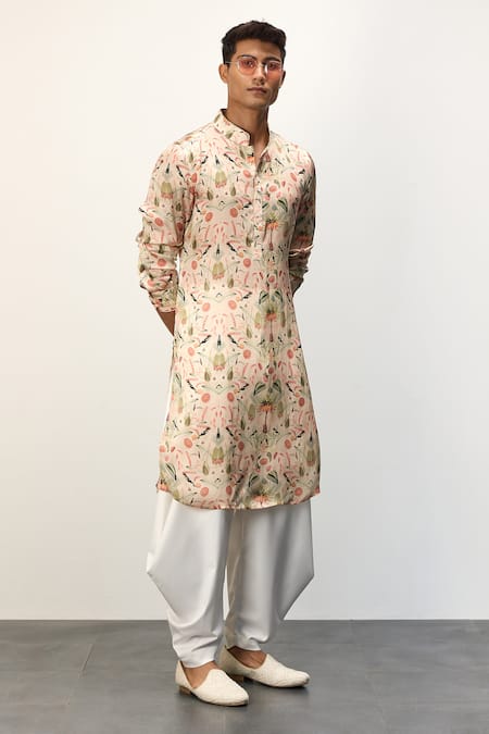 Shop Arjan Dugal Peach Modal Print Botanical Classic Kurta With Draped Pant at Aza Fashions Shop_Arjan Dugal_Peach Modal Print Botanical Classic Kurta With Draped Pant _at_Aza_Fashions