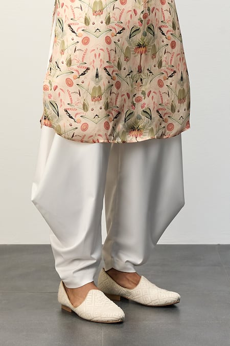 Arjan Dugal Peach Modal Print Botanical Classic Kurta With Draped Pant Online at Aza Fashions Arjan Dugal_Peach Modal Print Botanical Classic Kurta With Draped Pant _Online_at_Aza_Fashions