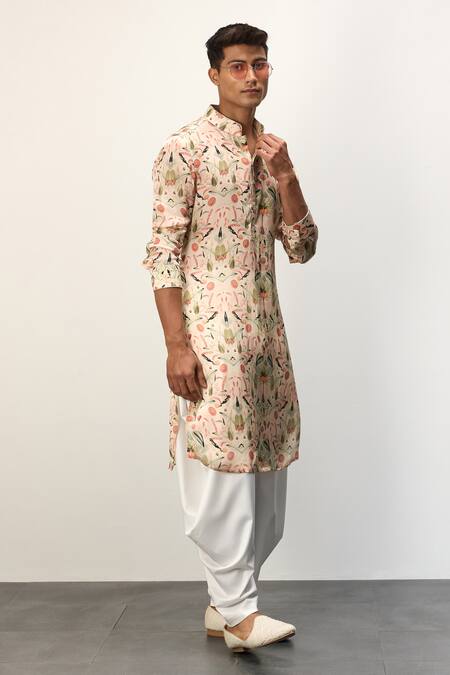 Buy Arjan Dugal Peach Modal Print Botanical Classic Kurta With Draped Pant Online at Aza Fashions Buy_Arjan Dugal_Peach Modal Print Botanical Classic Kurta With Draped Pant _Online_at_Aza_Fashions