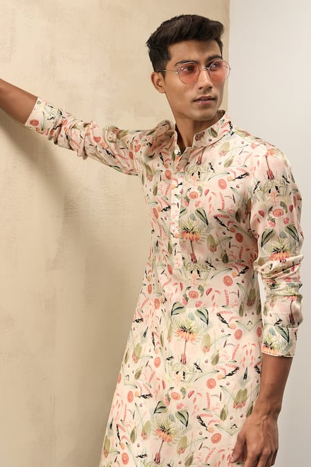 Shop Arjan Dugal Peach Modal Print Botanical Classic Kurta With Draped Pant Online at Aza Fashions Shop_Arjan Dugal_Peach Modal Print Botanical Classic Kurta With Draped Pant _Online_at_Aza_Fashions