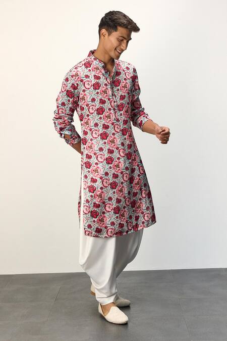 Buy_Arjan Dugal_Multi Color Modal Print Peonies Classic Kurta With Draped Pant _Online_at_Aza_Fashions